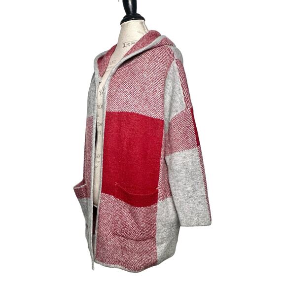 NVLT | Women | Red Gray Hooded Oversized Plaid Hooded Cardigan | Size Small - Picture 3 of 9